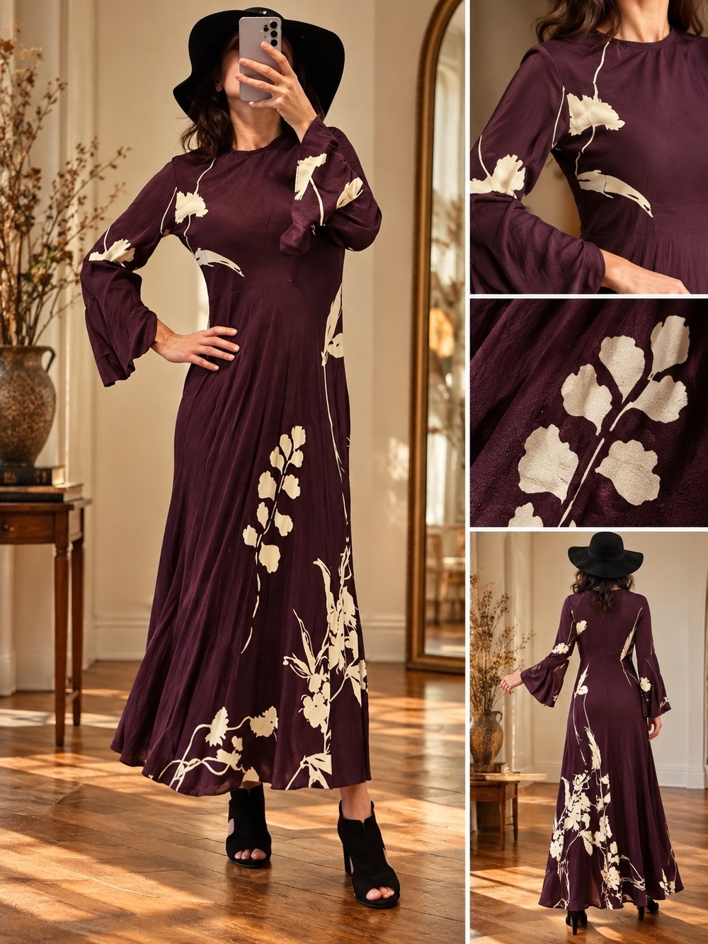 Elegant ZARA Plum & Cream Floral Maxi Dress Bell Sleeve Size L.